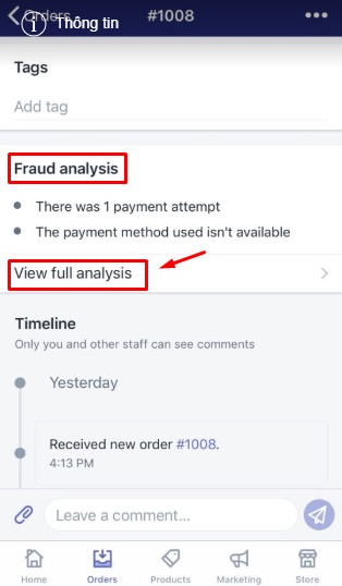 To view the fraud analysis for an order on Iphone 3