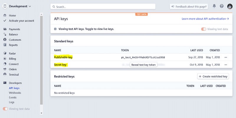 Find your Publishable Test and Secret Keys