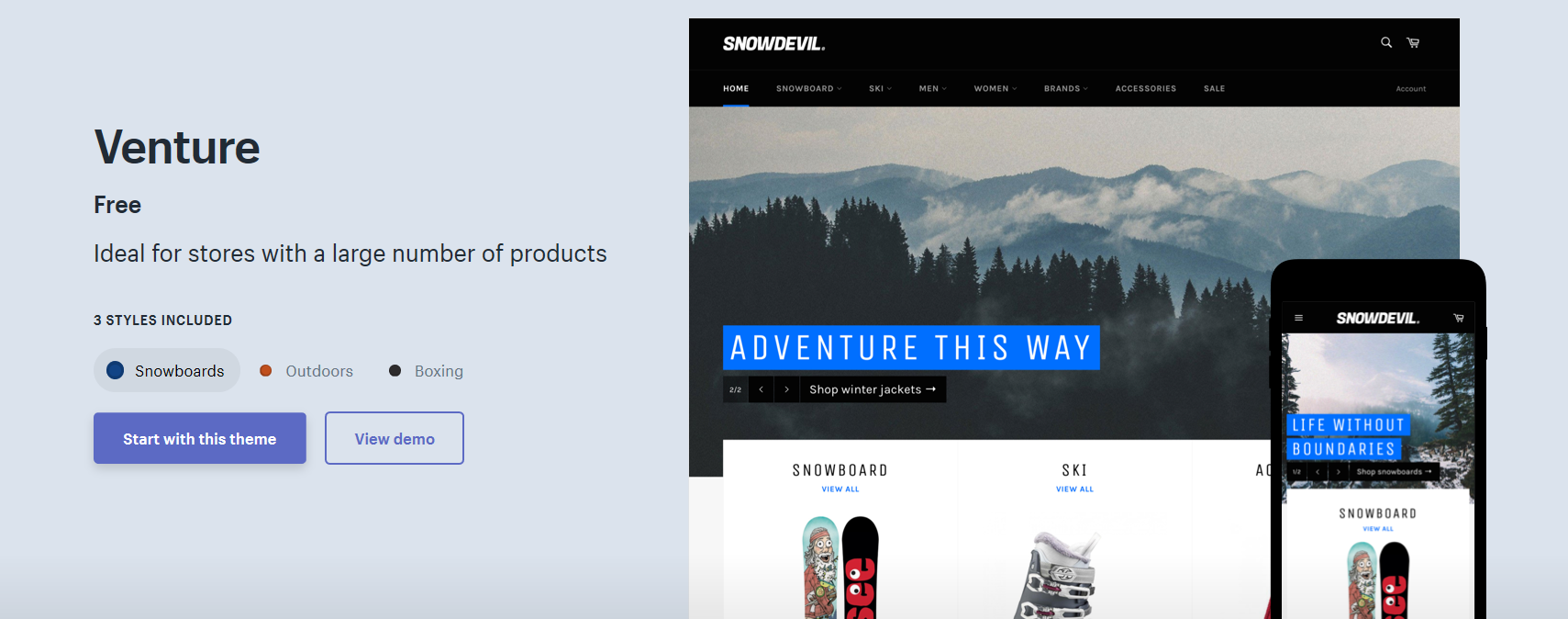 what is shopify venture theme: snowboards style