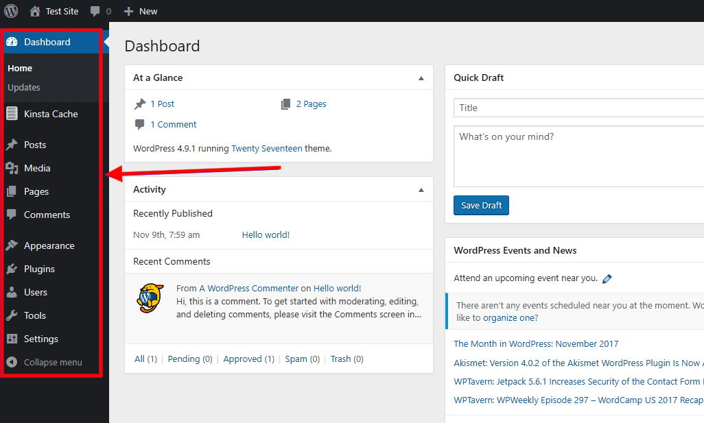 WordPress dashboard