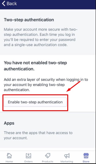 How to enable two-step authentication for a staff account on iPhone 4