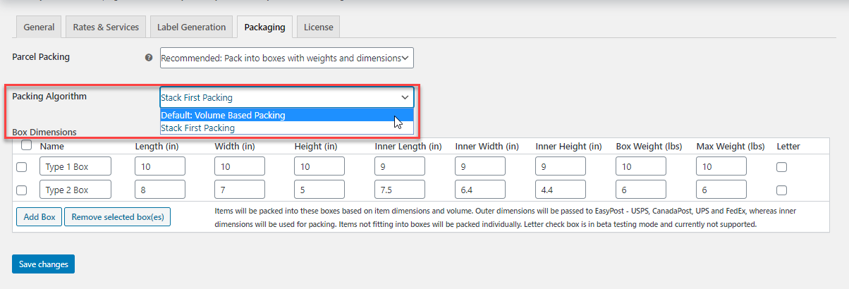 pack into boxes with weight and dimensions