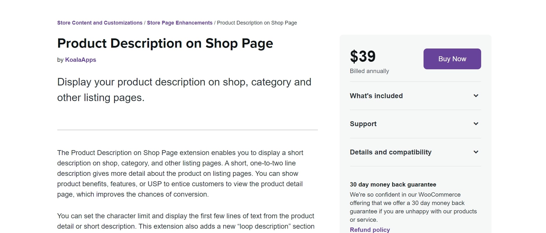 Product Description on Shop Page plugin