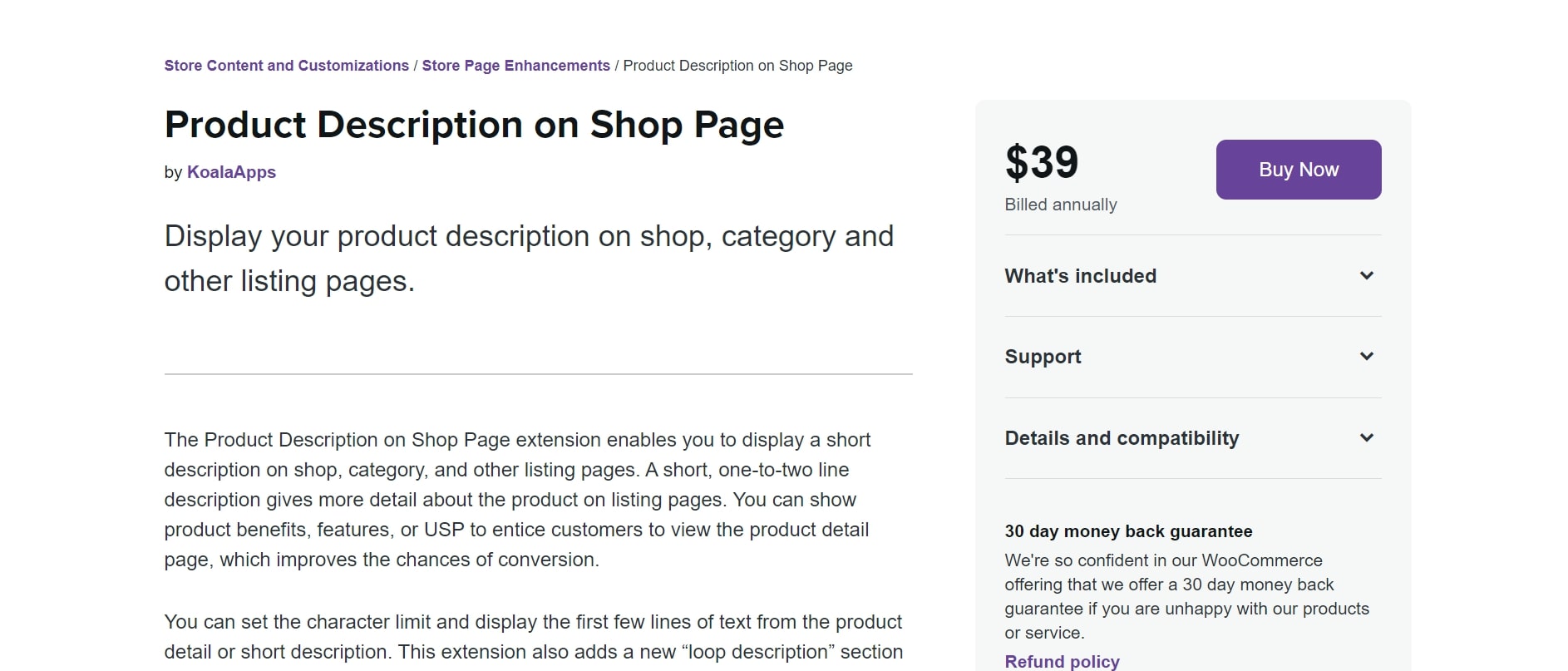 product description on shop page plugin