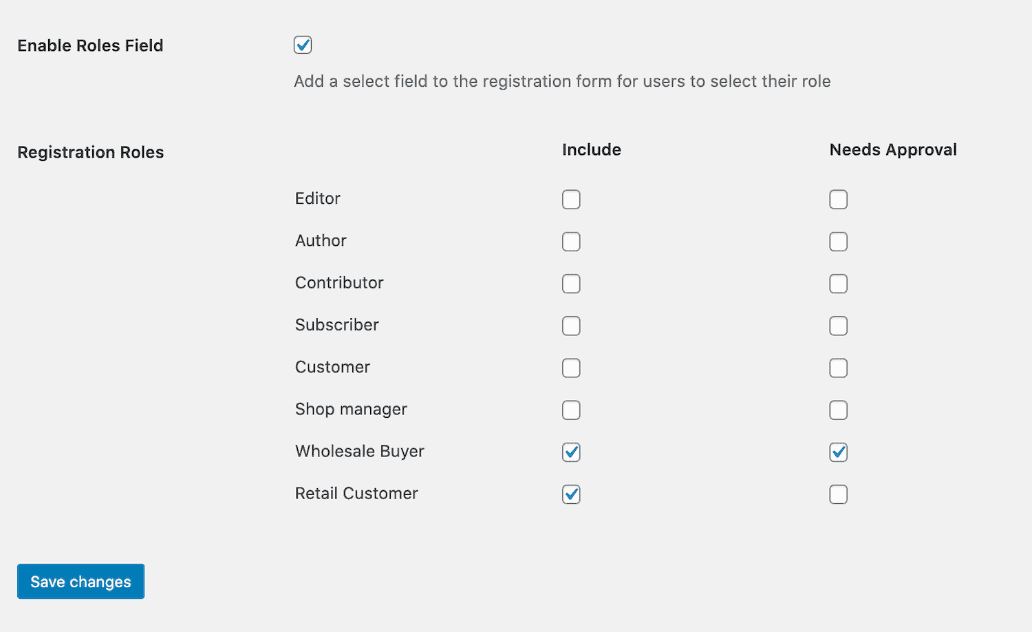 User role field to registration form