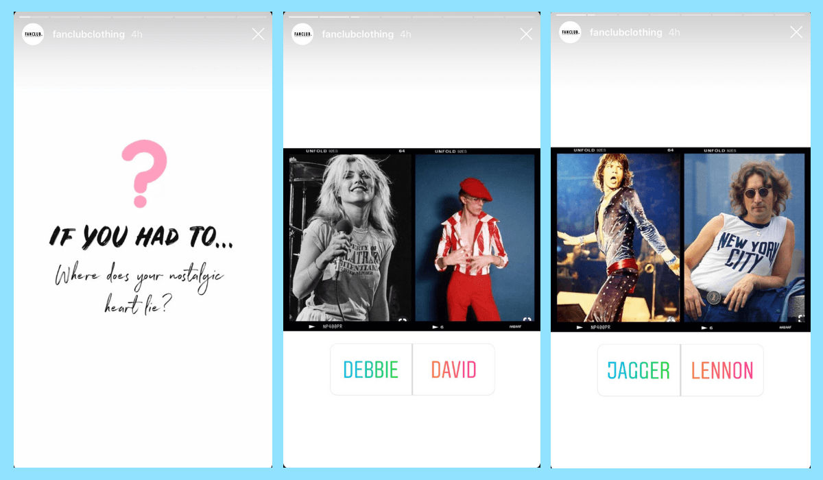 Fan Club Clothing asked their audience a simple, “Where does your nostalgia lie?”, followed by polls featuring famous rock stars of the ages