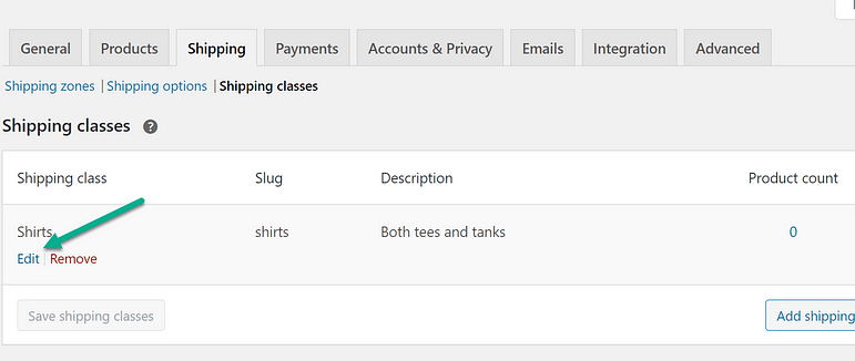 Edit or Remove shipping class