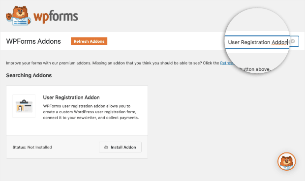 To find and activate the User Registration Addon, use the search box on your Addons page: