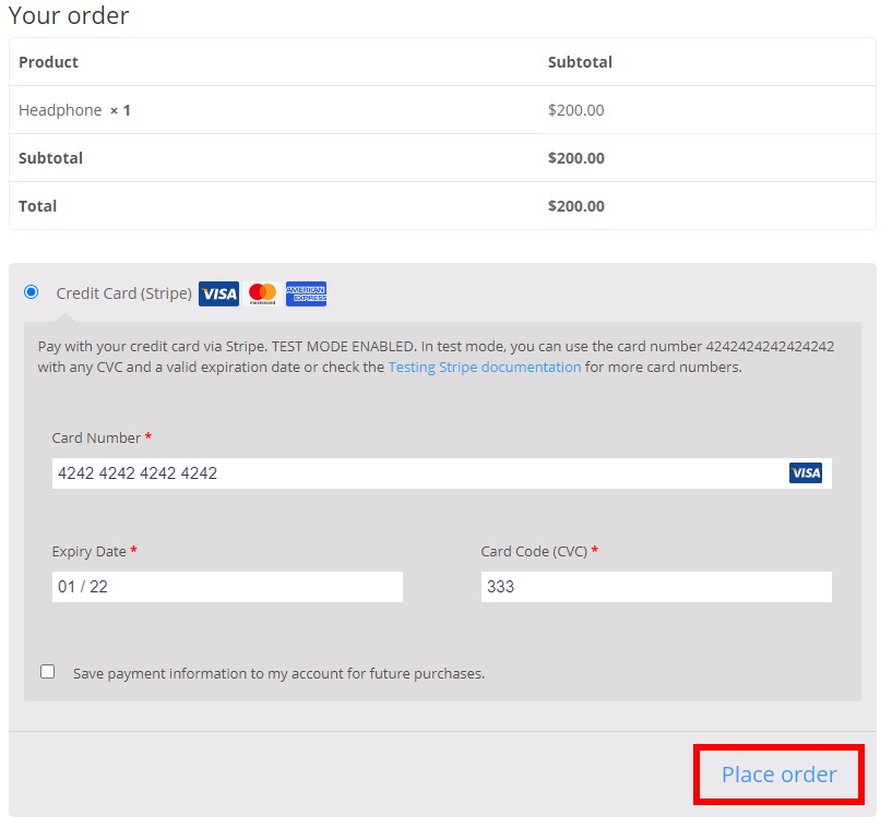 Step 3: Use Stripe to test the WooCommerce orders