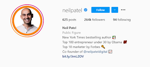 Example of an optimized Instagram profile by @neilpatel