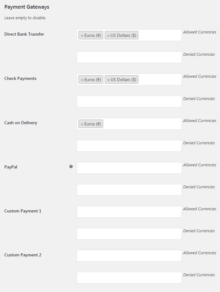 WooCommerce Payment Gateways by Currency