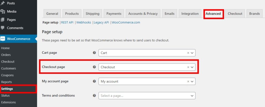 As an option for the Checkout page, choose the checkout page that you just generated and save the modifications.