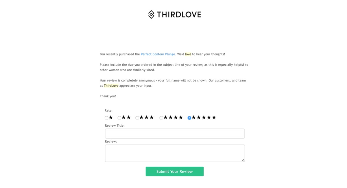Ecommerce email marketing example: follow up email from Thirdlove