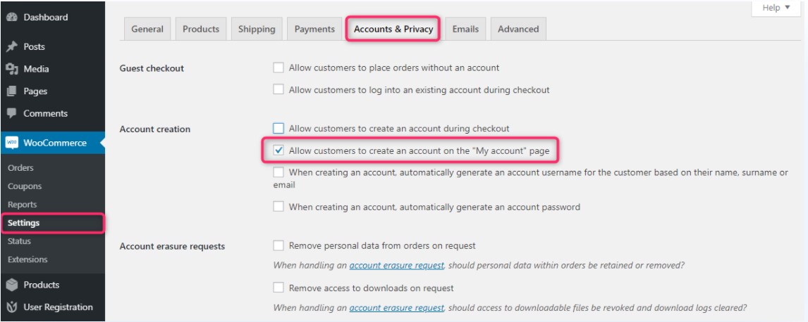 Allow customers to create an account