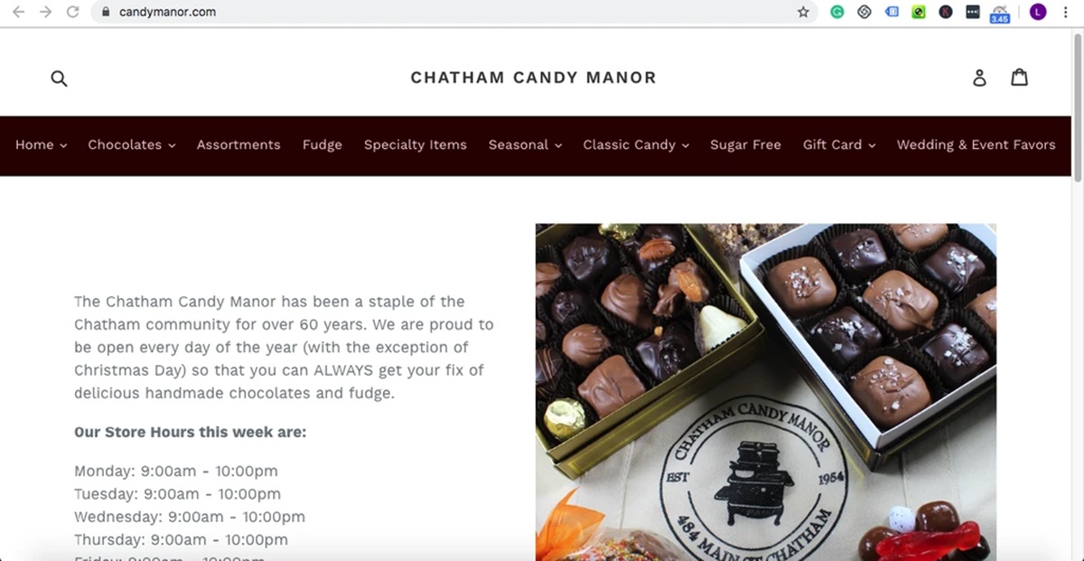 Examples of Shopify stores using the Debut theme: Chatham Candy Manor