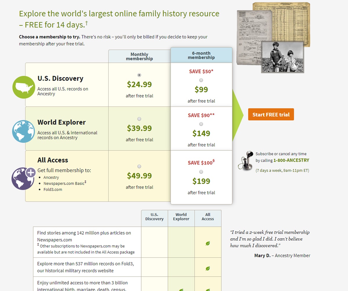 Ancestry's signup & free trial checkout page with a testimonial right below