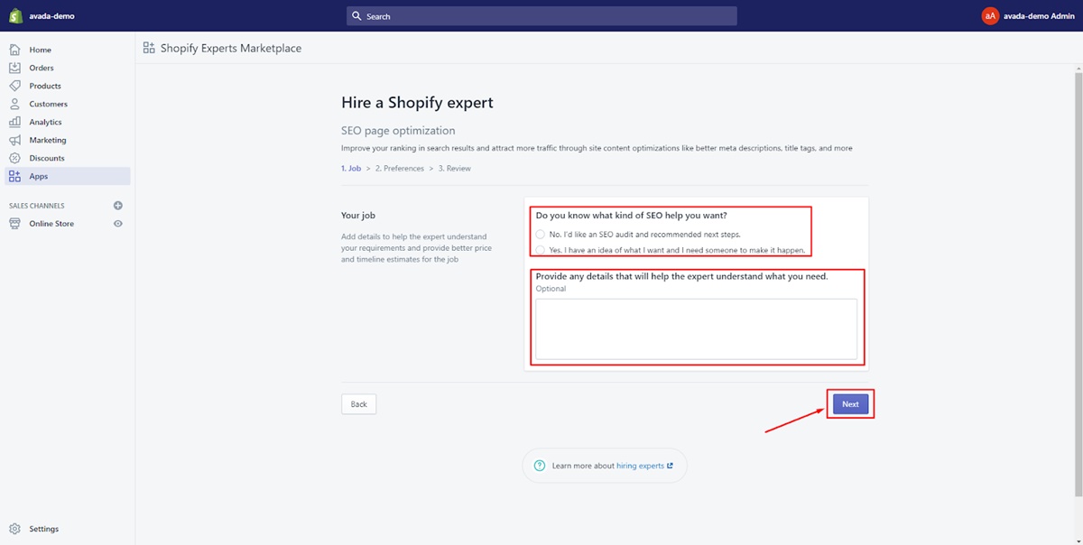 how to Hire a Shopify Expert: enter requirements