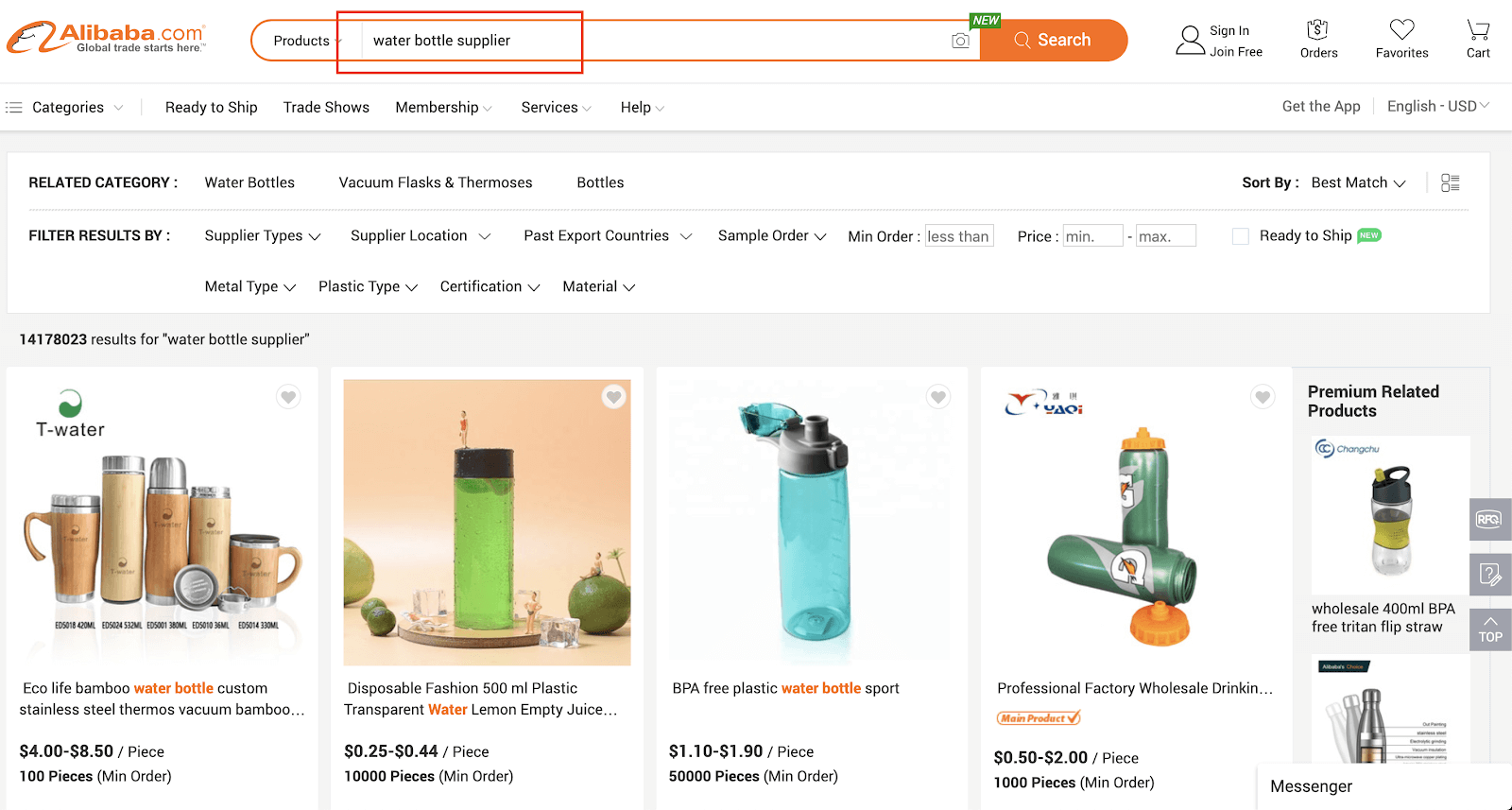 going search for water bottle suppliers on Alibaba search engine