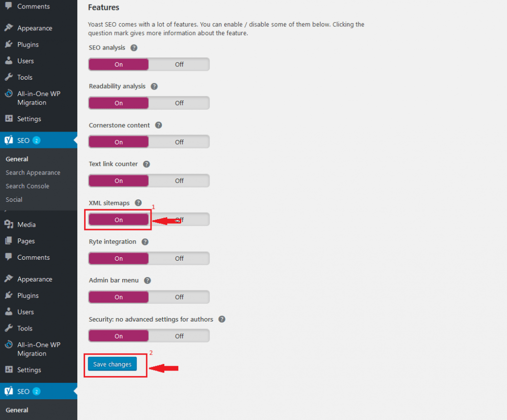 Turn on the XML sitemap