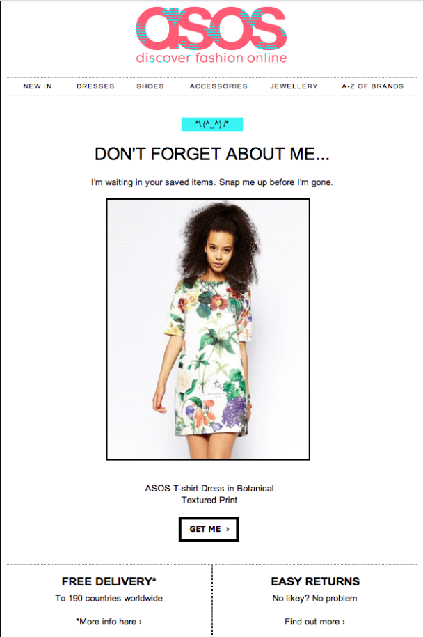 Abandoned cart email example from Asos