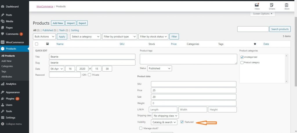 Marking featured products using Quick Edit