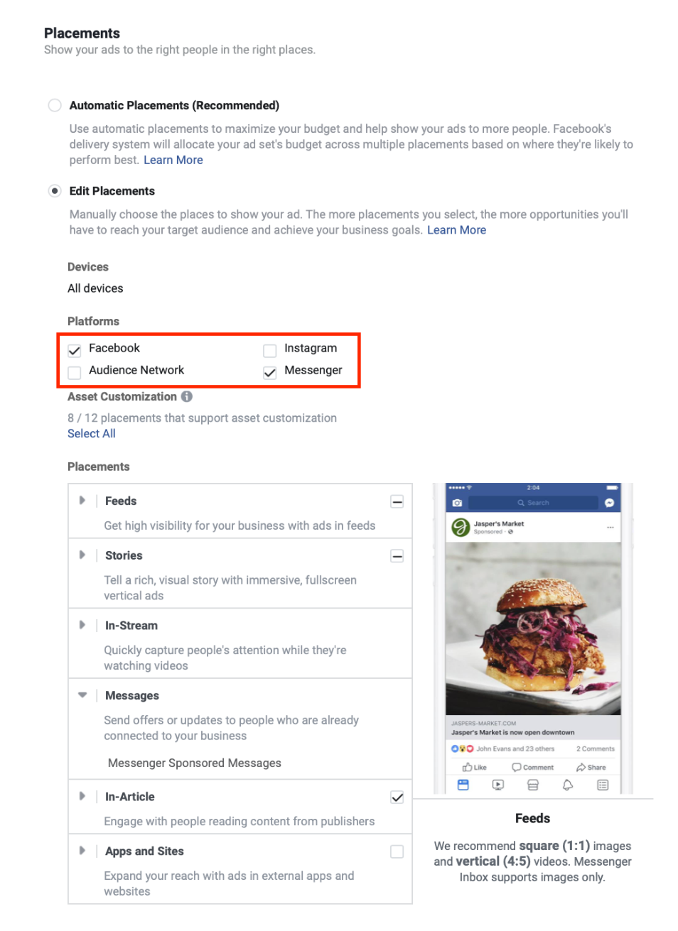 Facebook Advertising - Edit Placements