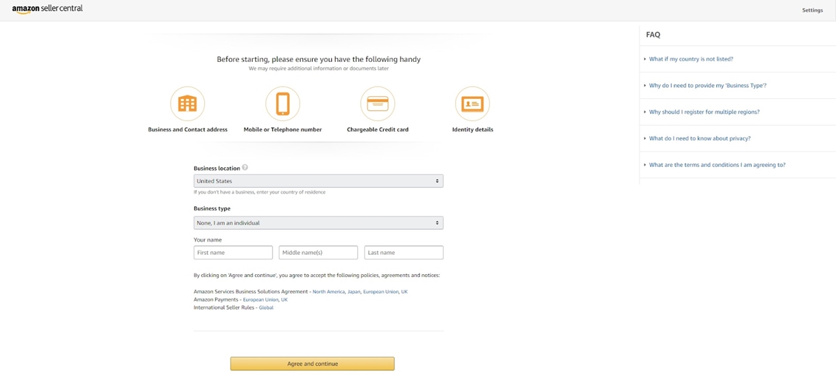 Sell on Amazon: Select your country and your business type