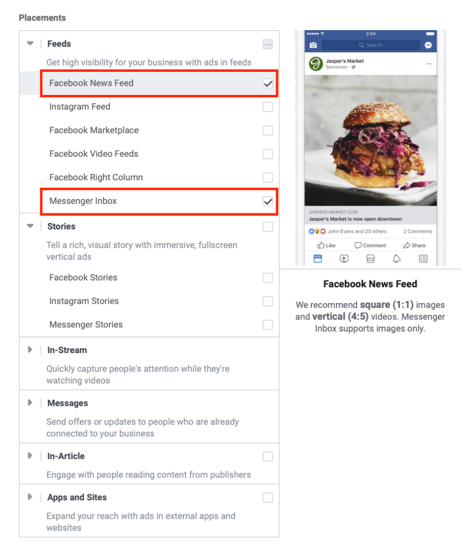 Facebook Advertising – Placement setting