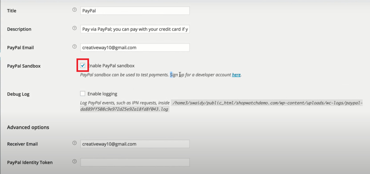 Enable PayPal sandbox