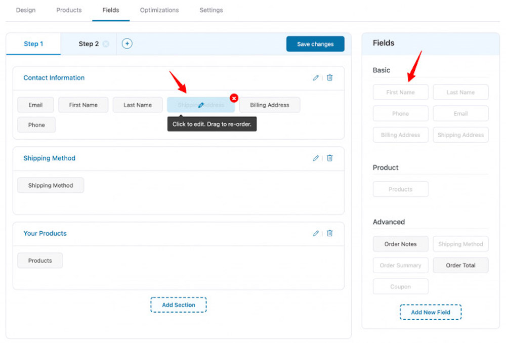 drag and drop fields/section