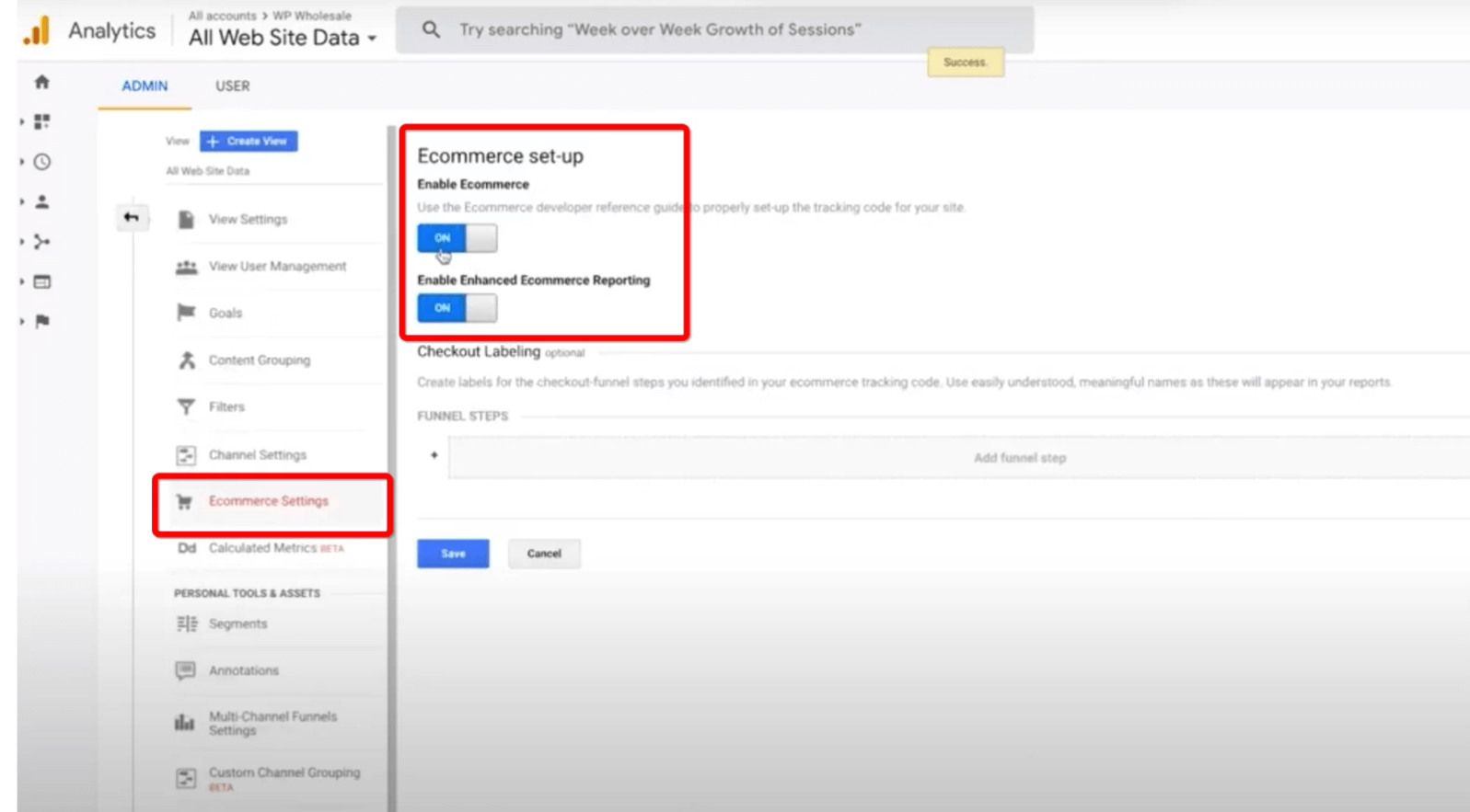 Enable eCommerce settings in Google Analytics
