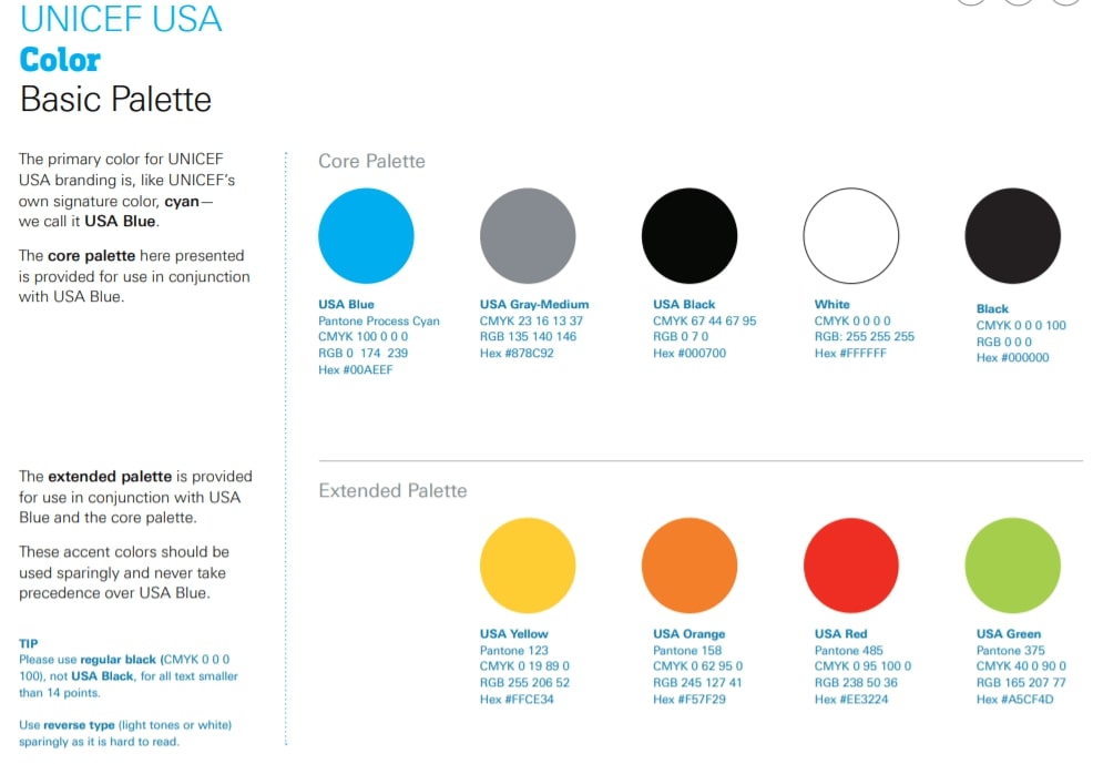 Example of USA Unicef’s <a href="https://www.unicefusa.org/sites/default/files/USF17_BrandGuidelines_v1.0_0.pdf" target="_blank" rel="nofollow">branding style guide</a>