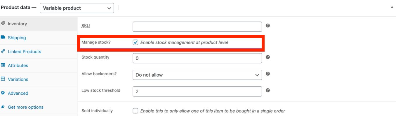 Enable stock management at product level