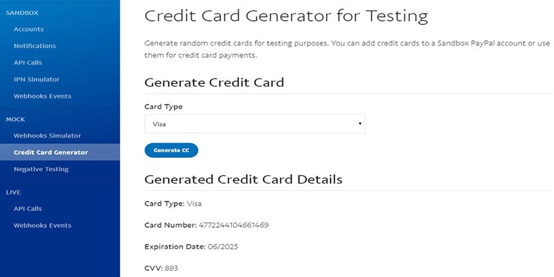 Test credit cards for other payments processors