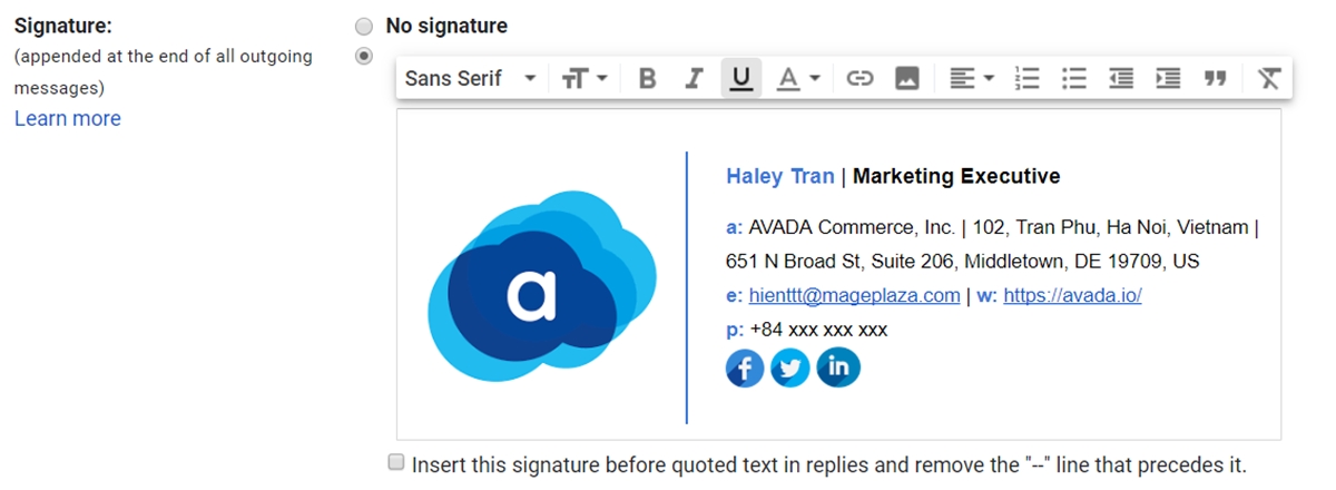 Type the contact details of your new signature