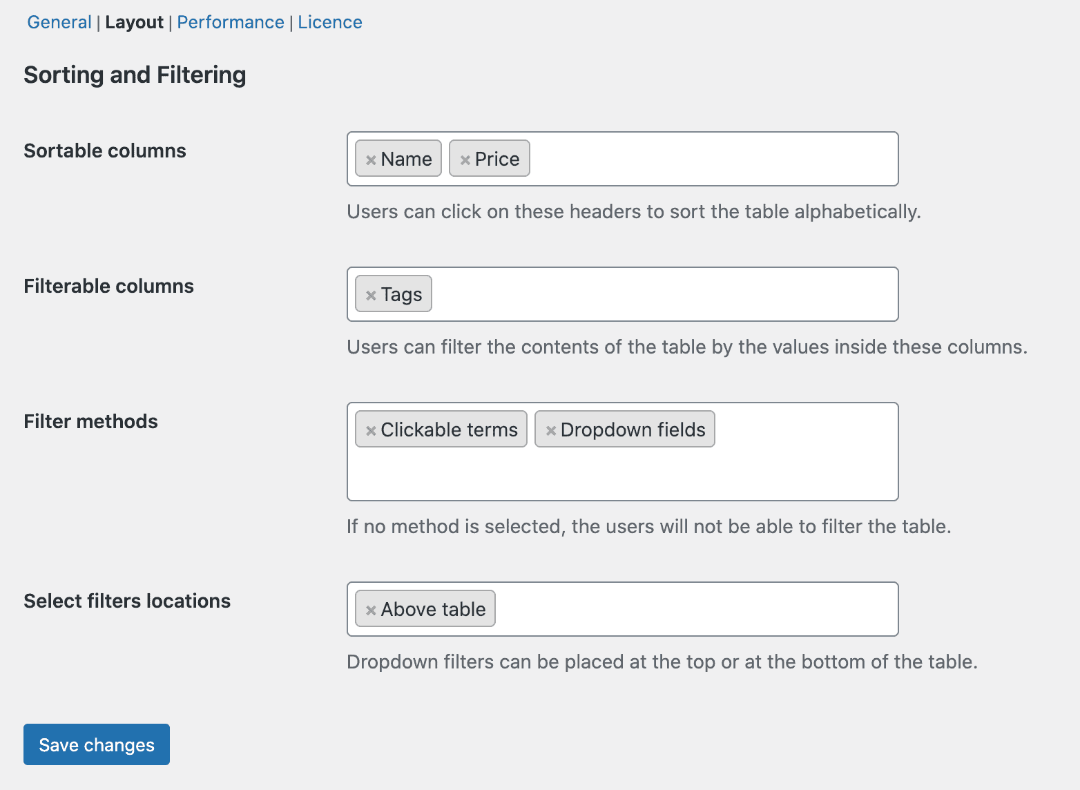 The layout of Configure Sorting and Filtering settings