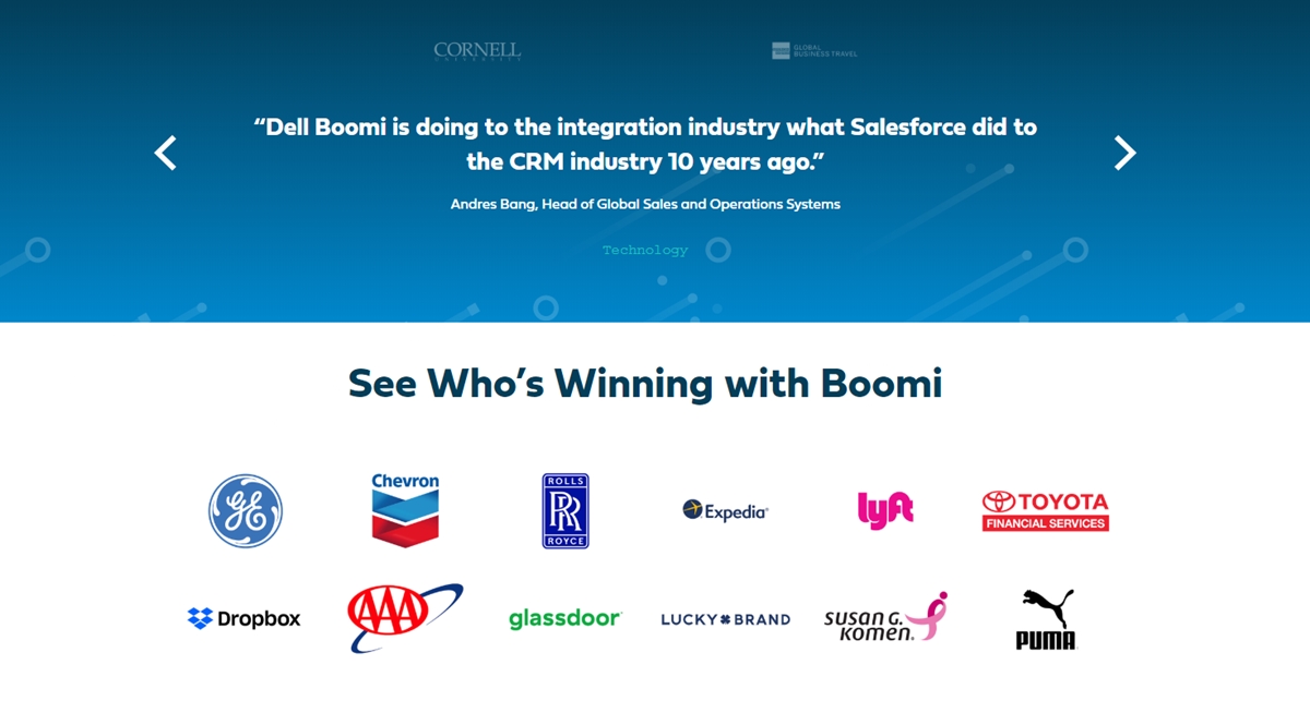 Boomi showcase its clients on Free Trial Signup page with famous names like Rolls Royce, Puma, Toyota