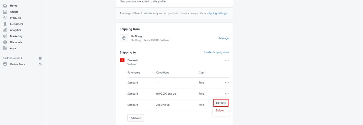 How to edit an existing flat rate on Shopify