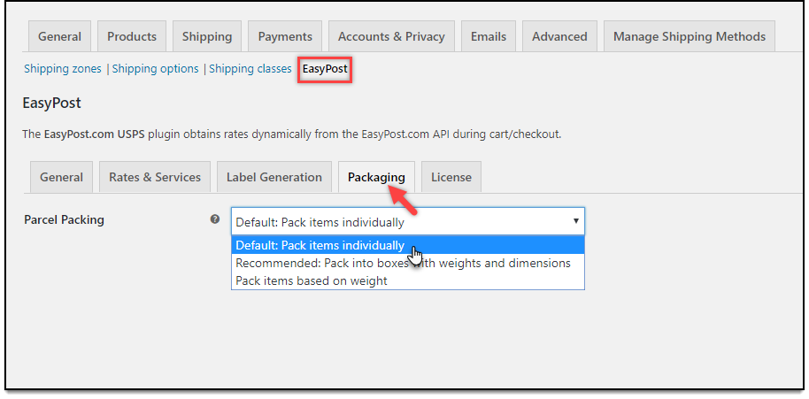 packaging settings