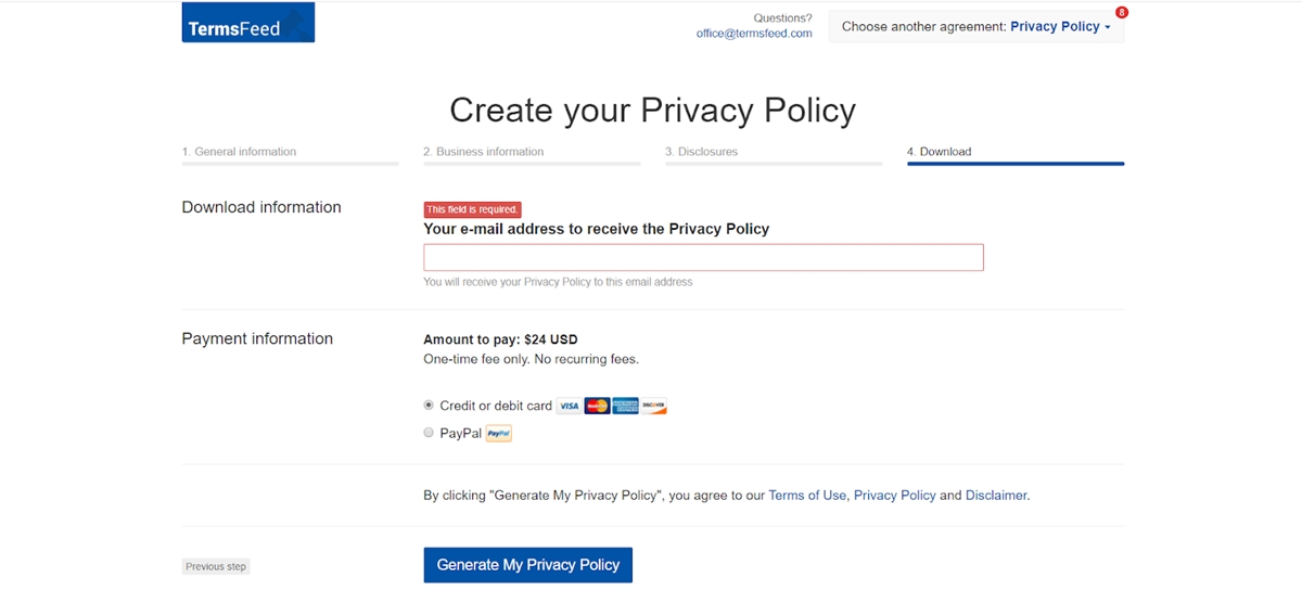 TermsFeed’s four-step privacy policy generating process