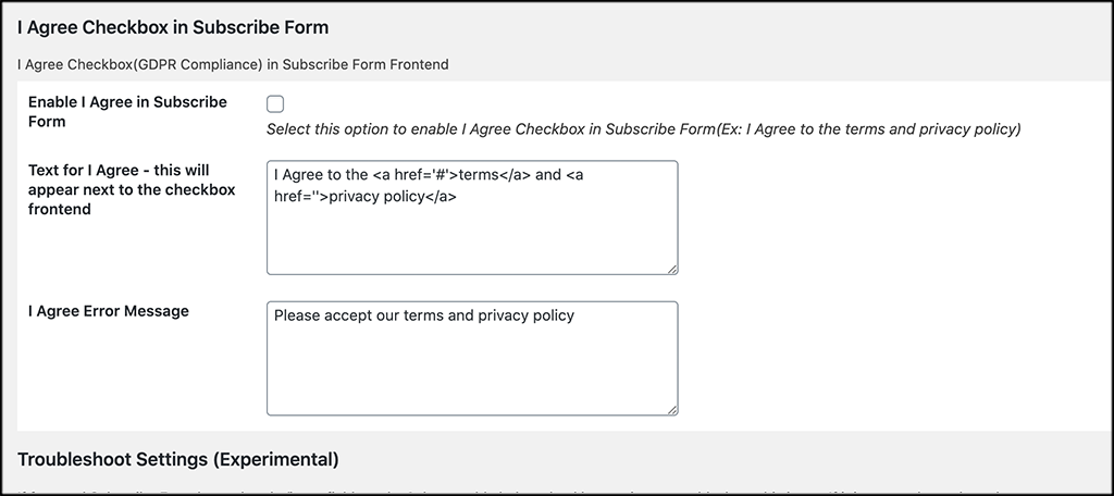 Checkbox settings