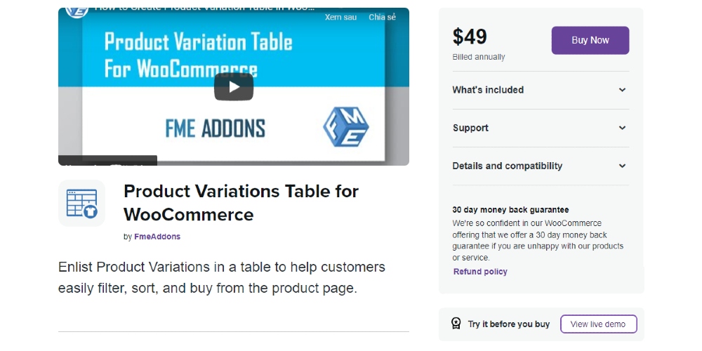 Product Variations Table for WooCommerce screenshot