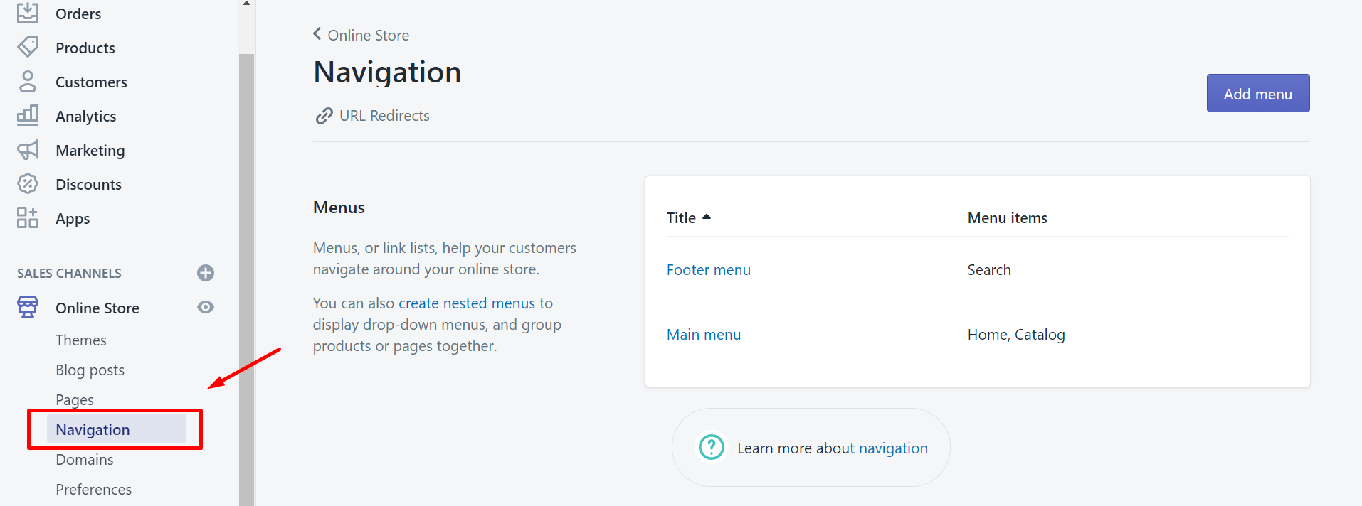 Click Navigation from your Online Store tab