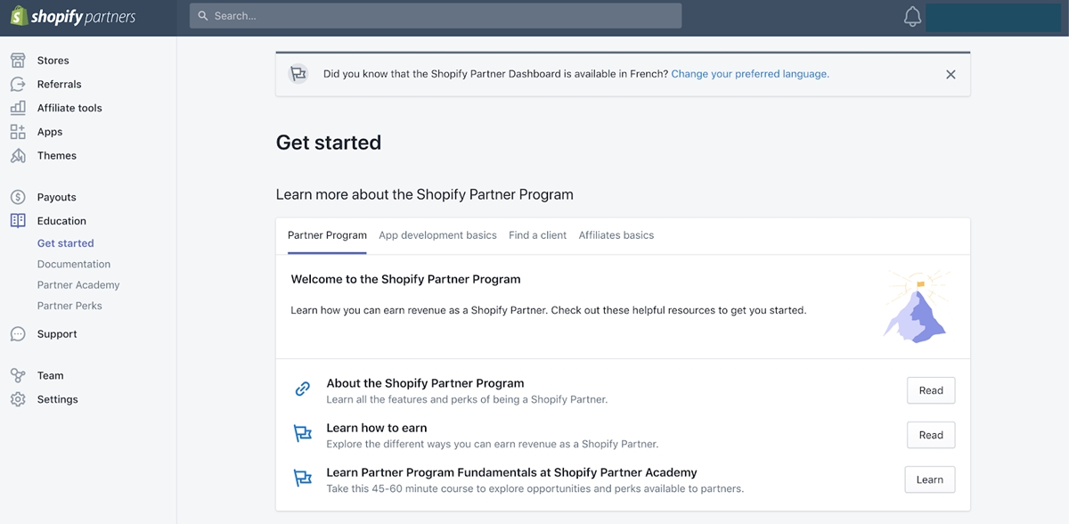 Shopify Partner Program –  Dashboard