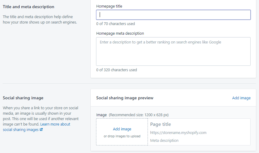 SEO section of Shopify