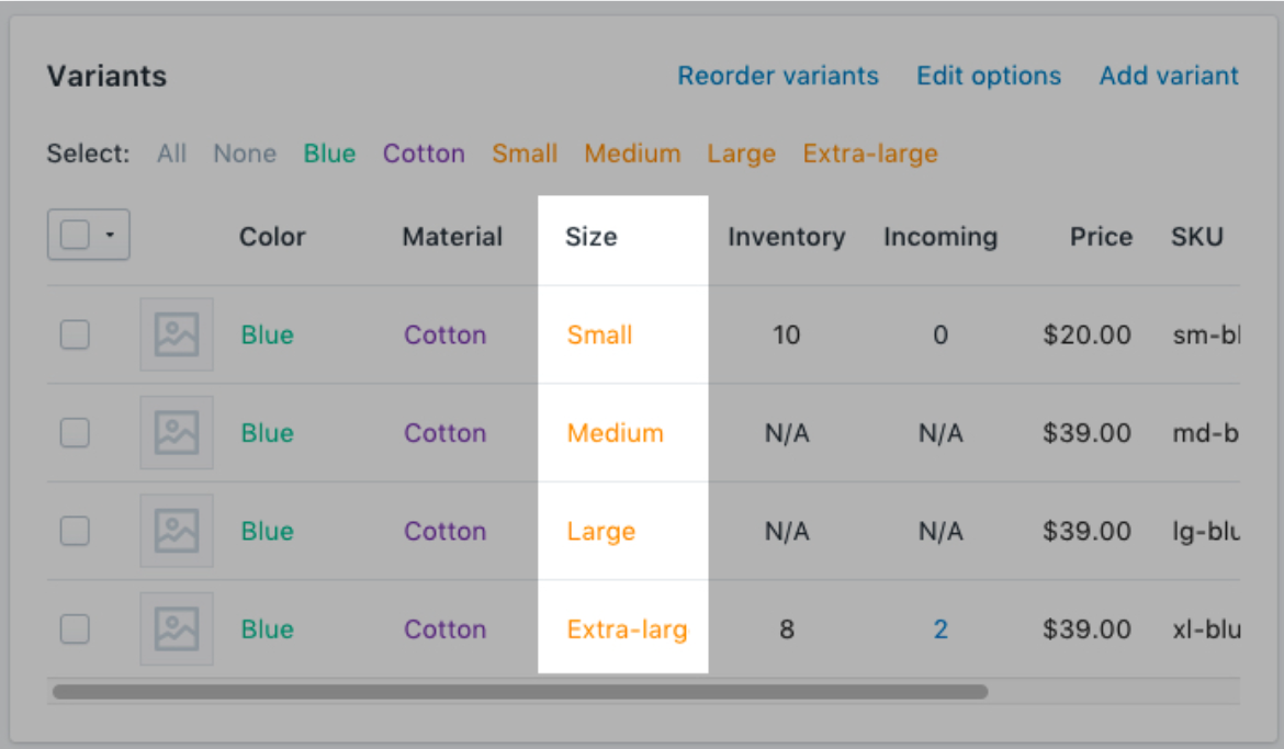 how to add sizes of products