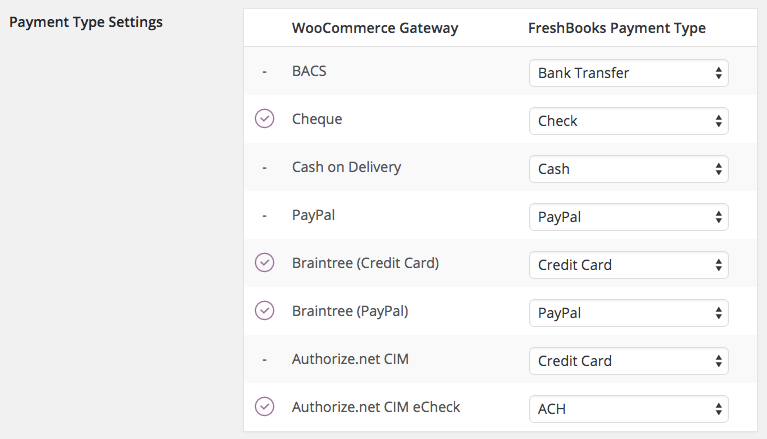 Payment Type Settings