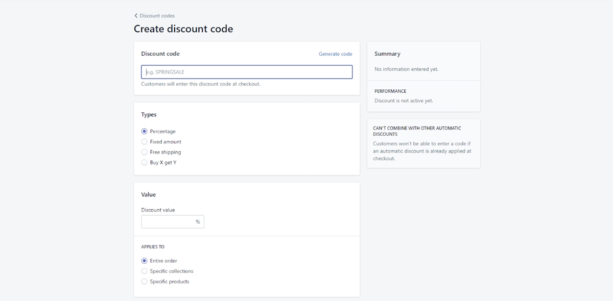 Shopify Lite: Create discount codes