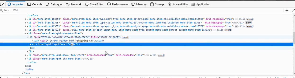 Inspect the CSS class of cart icon