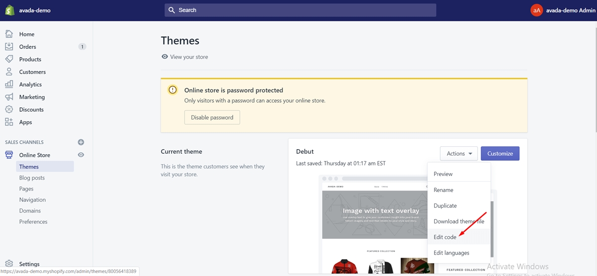 Step 5: Click Online Store > Actions > Edit Code